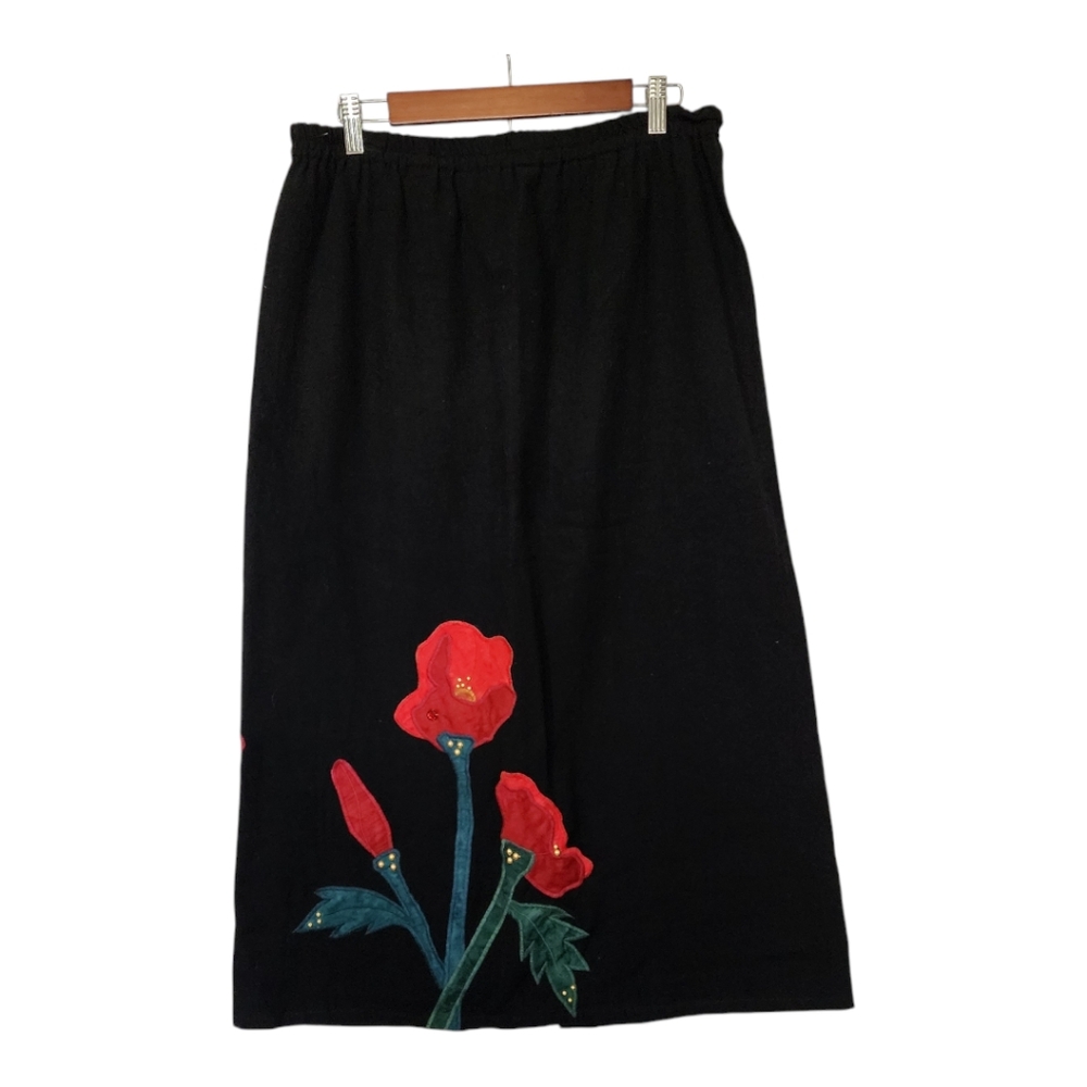 Vintage Black Red Floral Midi Skirt
